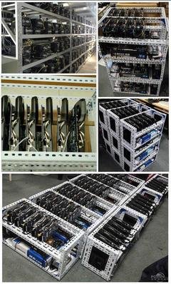 Mining farm with rows of GPU mining rigs operating efficiently