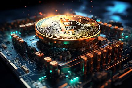 Close-up of a Bitcoin with a circuit board pattern